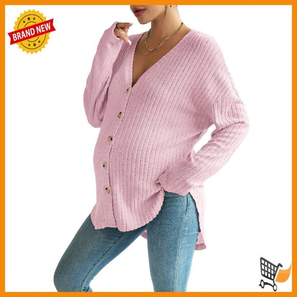 Tops - Maternity Long Sleeve Ribbed Knit Button Down Shirt Drop Shoulder V Neck